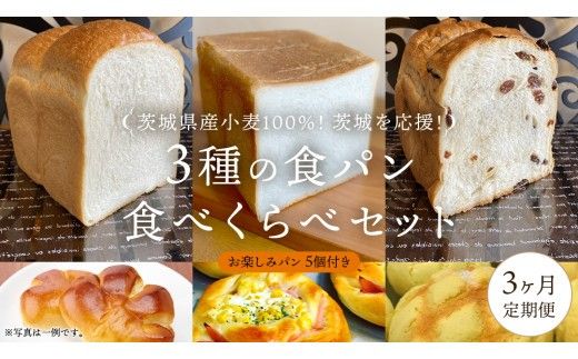 【 3ヶ月 定期便 】茨城県産 小麦 100％！ 茨城 を応援！ 3種の 食パン 食べくらべ セット 食べ比べ パン ギフト 詰め合わせ 冷凍 小麦粉 国産 [AU016ci]