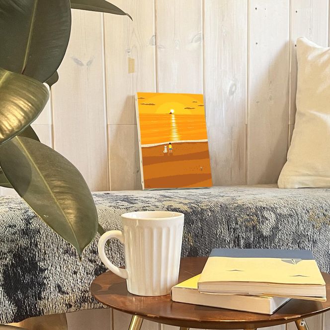 湘南・茅ヶ崎で描く、海を感じるイラストアート 『 湘南ランドスケープ07：夕焼け、光の道 』　キャンバスアートパネル（小） /絵画 風景 犬 猫