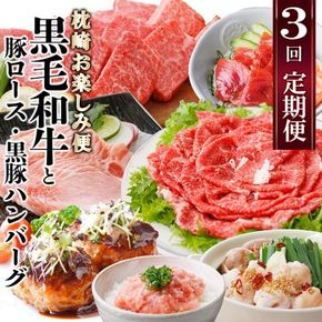 定期便【3回配送】枕崎お楽しみ便(A5黒毛和牛・豚ロース・黒豚ハンバーグ・かつお丼)LL-6037 【1473519】