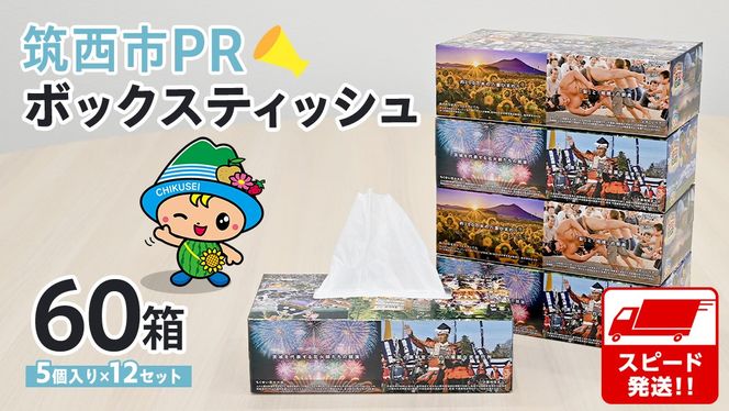 スピード発送!! 筑西市PR ボックスティッシュ 60箱 ( 5個入り × 12セット ) 1箱200組 400枚 パルプ100% 非売品 ティッシュ ティッシュペーパー 日用品 消耗品 常備品 まとめ買い スピード配送 [EN001ci]