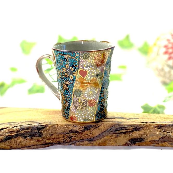 百華園 九谷 マグカップ 青粒＋金花詰(傑作) 裏絵 | 九谷焼 カップ マグカップ 食器 ティータイム 