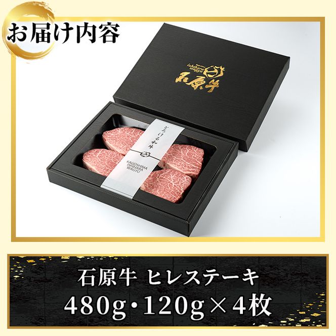 ＜数量限定＞石原牛 ヒレステーキ ヒレ(計480g・120g×4枚) 黒毛和牛 国産 九州産 鹿児島県産 牛肉 ブランド牛 和牛 ヒレ ステーキ 赤身 冷凍 贅沢 贅沢な一品 贈答用 ギフト用【株式会社石原PRO】akn083-10