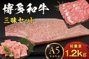 【A5ランク】博多和牛満喫3種セット（サーロインステーキ/しゃぶしゃぶ・すき焼き/焼肉） 総重量1.2kg 【伊豆丸商店】_HA0195