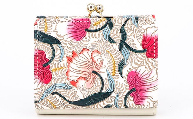 【文庫屋大関】三つ折りミニ財布　ノースガーデン（コーラル）【皮革工芸品】 ファッション 小物 民芸品 お札 カード 小銭 手のひらサイズ コンパクト 牛革 手作り 国産 