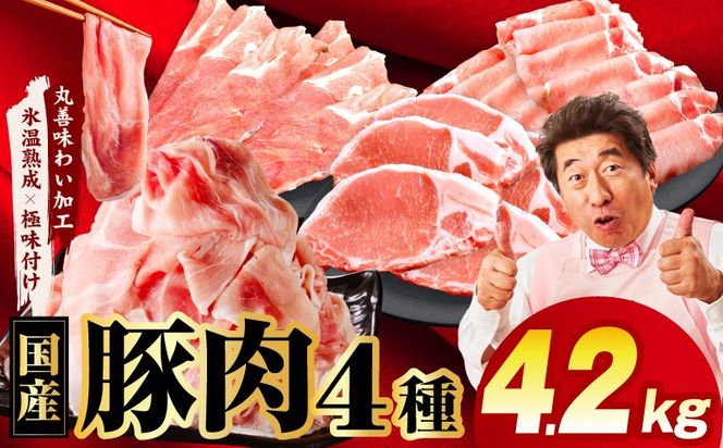 mrz0341 【スピード発送】国産豚肉 4種 福袋 4.2kg【氷温熟成×極味付け 小分け 300gパック ぶたにく 普段使い 野菜炒め 切り落とし まとめ買い 訳あり サイズ不揃い】