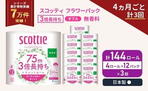 定期便 トイレットペーパー ダブル スコッティ 3倍長持ち 4ロール入 × 12パック フラワーパック 無香料 《 4ヶ月ごと 計  3回 》