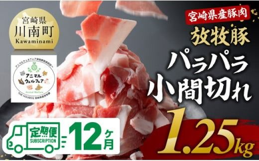 【12ヶ月定期便】宮崎県産豚肉放牧豚パラパラ小間切れ1.25kg【 豚肉 豚 肉 小間切れ 細切れ 炒め物 】[D08101t12]