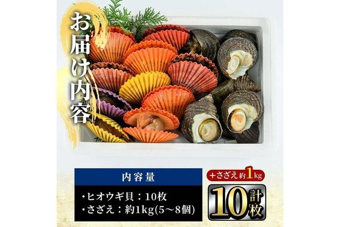 ヒオウギ貝(10枚)とサザエ(約1kg) 魚介 貝 ヒオウギ貝 ひおうぎ貝 サザエ さざえ 栄螺 酒蒸し 網焼き バター焼き バーベキュー 獲れたて 冷蔵 海の直売所 大分県 佐伯市【AS120】【海べ (株)】