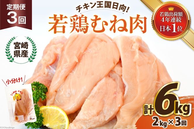 鶏肉 3回 定期便 宮崎県産 若鶏 むね肉 2kg 計 6kg [エム・ティ・シー 宮崎県 日向市 452061043] 小分け むね ムネ肉 胸 冷凍 肉 宮崎