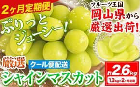 【2ヶ月定期便】【2026年発送先行予約】シャインマスカット 岡山 約1.3kg×2ヶ月定期便 計2.6kg 《2026年9月上旬-10月末頃出荷》厳選 旬 ぶどう ブドウ 葡萄 マスカット 果物 フルーツ ギフト 岡山県 笠岡市 訳あり クール便 爽やか 贅沢---kasaoka_zsytei_318_13s2---