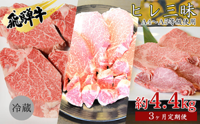 飛騨牛　ヒレ三昧　計4.4kg A4～A5等級使用（3ヶ月定期便） お肉 牛肉 国産 ブランド和牛 希少部位 最高級部位 シャトーブリアン 霜降り ロース 真空パック 冷蔵 ヒレステーキ サイコロステーキ 焼肉用 