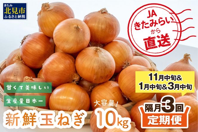【隔月3回(11月・1月・3月)定期便】JAきたみらいから直送する新鮮玉ねぎ 10kg Lサイズ以上 ( 野菜 定期便 玉葱 たまねぎ )【999-0014-2026】