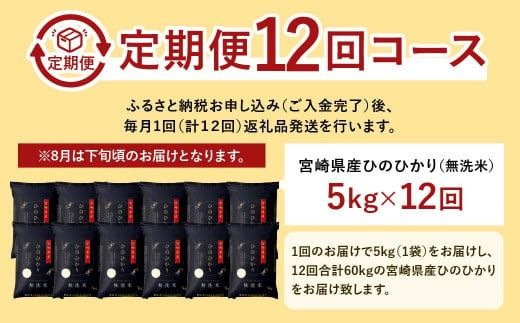 ＜【12ヶ月定期便】令和7年産 宮崎県産ヒノヒカリ（無洗米） 5kg＞ お申込みの翌月下旬に第1回目を発送 【c1224_ku_x4】×12回 合計60kg ヒノヒカリ 宮崎県産 無洗米 米 お米 定期便 チャック付