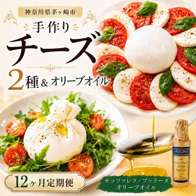 【ふるさと納税】12ヶ月定期便 フレッシュチーズ 2種 オリーブオイル セット モッツァレラ 100g 2個 ブッラータ 160g 1個 オリーブオイル 100ml チーズ おつまみ 送料無料 神奈川県 茅ヶ崎市