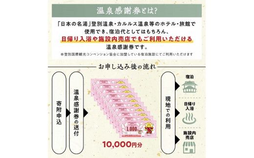 のぼりべつ温泉感謝券10,000円分 温泉 旅行 観光 北海道 チケット 温泉利用券 温泉券 のぼりべつ温泉感謝券 10000円 日本の名湯 登別温泉 カルルス温泉 ホテル登別国際観光 コンベンション協会 温泉旅館 温泉宿 温泉旅館 ホテル 温泉ホテル ふるさと納税 北海道 登別市