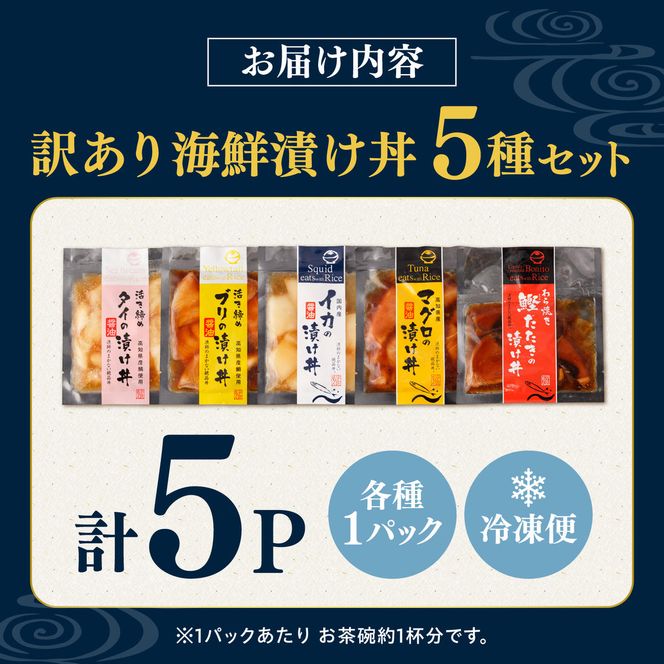 訳あり 海鮮漬け丼 5種類 各1P セット マグロ 鯛 イカ ブリ 鰹のたたき 漬け丼 海鮮丼 漬け づけ丼 国産 食べくらべ 漬け丼の素 海鮮丼の具 海鮮セット まぐろ いか ぶり 鯛 かつおのたたき 鰹タタキ 訳アリ 不揃い 規格外 わけあり 食べ比べ 海鮮 魚介類 水産加工品 冷凍 食品 保存食 鯛茶漬け 小分け 一人暮らし 簡単 高知[BQAB001]