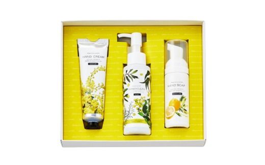 【 ミアミモザ 】【 ギフト箱入 】 ミアミモザ ハンドクリーム ＆ ハンドクリーンジェル ＆ ハンドソープ 各1本 ハンドケア セット 化粧箱 ギフト箱 ミモザ が ふんわり 柔らかく香る ギフト プレゼント 高知 四万十 しまんと 25-77