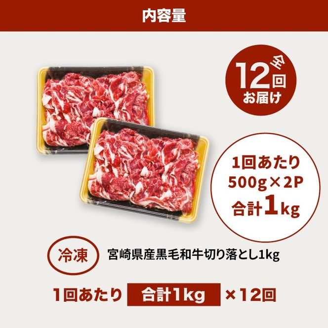 宮崎県産黒毛和牛 贅沢切り落とし1kg(500g×2)×12回定期便 K16_T016