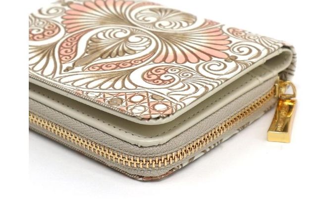 【文庫屋大関】二つ折りファスナーミニ財布 ロカイユ＜ベビーピンク＞【皮革工芸品】財布 二つ折り 小物 お札 カード 小銭 コンパクト 牛革 手作り 日本製 墨田区 東京都