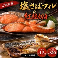 〈毎月定期便〉【ご家庭用訳あり】人気の塩さばフィレ&紅鮭切身セット計2kg 全3回