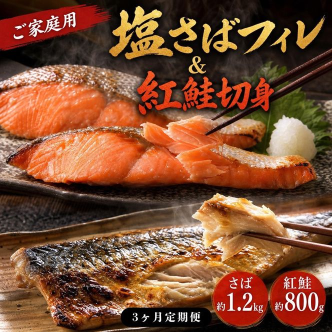 〈毎月定期便〉【ご家庭用訳あり】人気の塩さばフィレ&紅鮭切身セット計2kg 全3回
