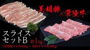 美明豚 × 常陸牛 スライスセットB 約1kg（美明豚もも 600g +常陸牛もも 400g ）（茨城県共通返礼品：行方市） びめいとん ビメイトン ブランド豚 銘柄豚 豚 豚肉 肉 もも 黒毛和牛 牛肉 ひたち牛 ブランド牛 和牛 [EQ016us]