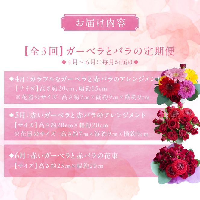 【全３回】ガーベラとバラの定期便 (４月～６月に毎月お届け) H092-088