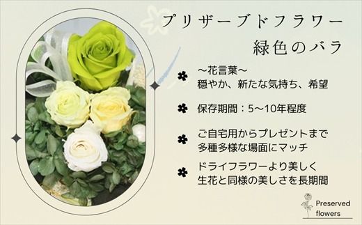 プリザーブドフラワー アレンジメント 緑色のバラ | 老舗の花屋さん 手づくり ギフト用 贈呈 記念日 結婚 誕生日 お祝い プリザーブ ド フラワーアレンジメント フローリストやまくら 北海道 釧路町 釧路超 特産品 121-1236-06