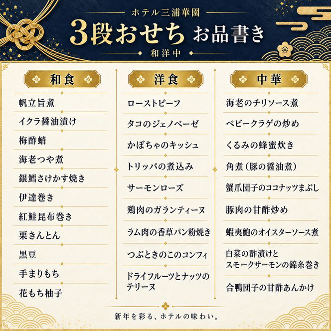 北海道 ホテル三浦華園 老舗ホテルの和洋中 おせち 三段重 全29品 おせち 3段 三段重 和洋中 おせち料理 北海道 滝川市 ホテル三浦華園 ホテルおせち 正月 新春 ローストビーフ ラム肉 蝦夷鮑 いくら
