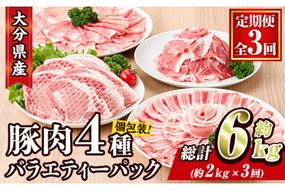 ＜定期便・全3回 (連続)＞豚肉 バラエティーパック (総量6kg・4種) 小分け 豚バラ スライス とんかつ ロース 豚こま しゃぶしゃぶ 鍋 大分県 佐伯市【BD208】【西日本畜産 (株)】