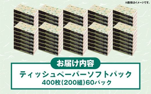ティッシュペーパーソフトパック　４００枚（２００組）６０パック - ソフトパック ティッシュ ペーパー 生活用品 雑貨 日用品 必需品 紙 常備品 まとめ買い 備蓄 防災 ストック 熊本県 甲佐町【ZA】【価格改定】