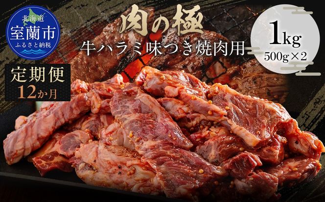 【12か月定期便】牛ハラミ味つき焼肉用 1kg (500g×2)  MROBM049