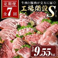 isa448 【定期便7回】工場開設Sコース (合計9.55kg) 国産 肉 牛肉 豚肉 厚切り 切り落とし 霜降り すきやき しゃぶしゃぶ 生姜焼き 牛しゃぶ 冷凍 ロース カタロース 肩ロース サーロイン ステーキ アウトドア BBQ 食べ比べ セット 【サンキョーミート株式会社】