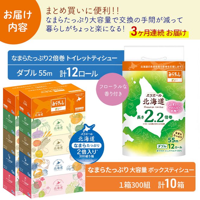 定期便 3ヵ月連続お届け エリエール 収納に便利 コンパクト 〈アソート〉 なまらたっぷり 大容量 トイレットペーパー ティッシュ トイレ ボックスティッシュ ひとり暮らし 紙 常備品 消耗品 日用品 生活必需品