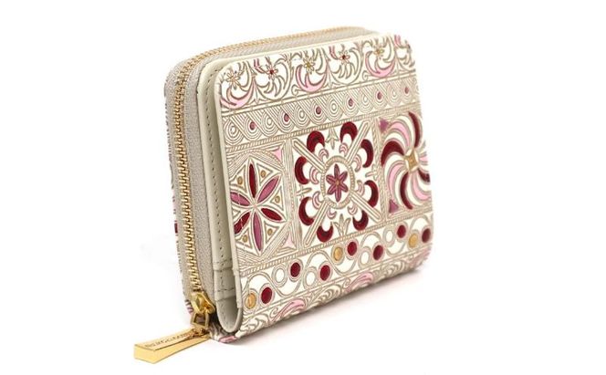 【文庫屋大関】二つ折りファスナーミニ財布 錦紗＜ピンク＞【皮革工芸品】財布 二つ折り 小物 お札 カード 小銭 コンパクト 牛革 手作り 日本製 墨田区 東京都