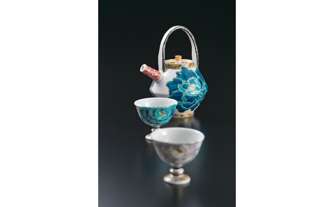 酒器揃　碧紫牡丹図　佐藤剛志 民芸品 工芸品 雑貨 日用品 徳利 お猪口 鮮やか 172111_CY3098