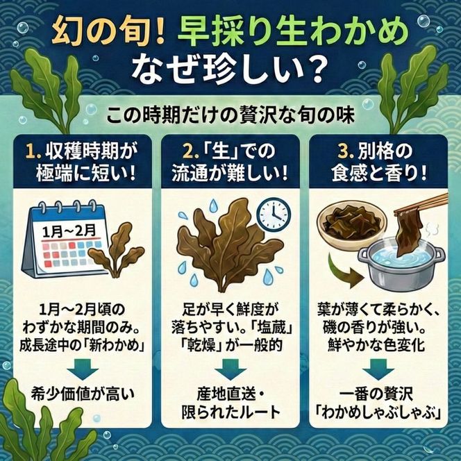 【2月までの期間限定】早採り生わかめ 新物 1kg 期間限定 ★2026年1月～発送予定★ わかめ 早採りわかめ 生わかめ 三陸 小分け 若芽 湯通し 海藻 海産物 味噌汁 ごはん 夕飯 おかず しゃぶしゃぶ サラダ お刺身 刺し身 刺身 末崎 岩手県 国産 大船渡 サンライズ丸榮
