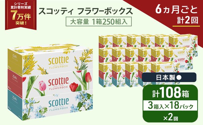 定期便 ティッシュ スコッティ フラワーボックス 3箱 × 18 パック《 6ヶ月ごと計 2回 》ティッシュセット