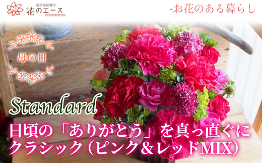 【母の日】フラワーアレンジメント　日頃の「ありがとう」を真っ直ぐにクラシック（ピンク&レッドMIX）＜スタンダード＞ 【1528】