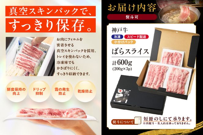 【神戸牛ばらスライス200g×3 計600gセット 冷凍】 最短翌日～4営業日以内発送 神戸牛 和牛 国産 牛肉 大人気 人気 ふるさと納税 返礼品 おすすめ ランキング 神戸 兵庫県 香美町 帝神志方ミート 93-04
