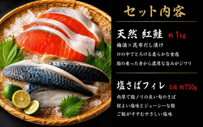  迷ったらコレ！！魚鶴商店の天然紅サケ1kg & 塩さばフィレ6枚セット / サバ 塩サバ 冷凍 切り身 サケ 鮭 ※離島への配送不可【uot744B-1】