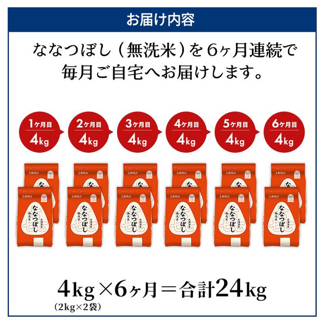 6ヵ月 定期便 (無洗米4kg)ホクレン喜ななつぼし(無洗米2kg×2袋) 北海道米 お米 白米 ごはん ご飯 ライス 和食 炭水化物 主食 おにぎり お弁当 ほど良い粘り 豊かな甘み つややか 特A [JA新おたる]  