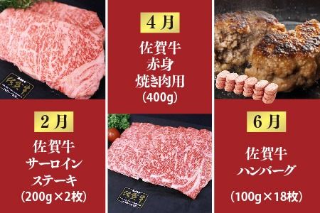 【偶数月発送 全6回定期便】ALL佐賀牛定期便【サーロインステーキ 赤身焼き肉 ハンバーグ カルビ焼肉 100%ハンバーグ ロースステーキ バラエティ豊か】(H118112)