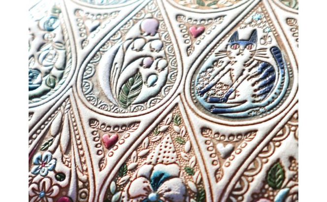 【文庫屋大関】パーソナルホルダー　花と猫＜インディゴ＞【皮革工芸品】 民芸品 雑貨 日用品 文房具 革小物 革製品 ファイル ケース 