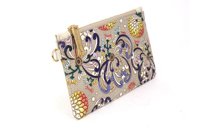 【文庫屋大関】すっきりカードケース　乱菊＜青紫＞【皮革工芸品】 ファッション小物 雑貨 フラグメントケース 小銭入れ付き 収納 スマート 日本製 