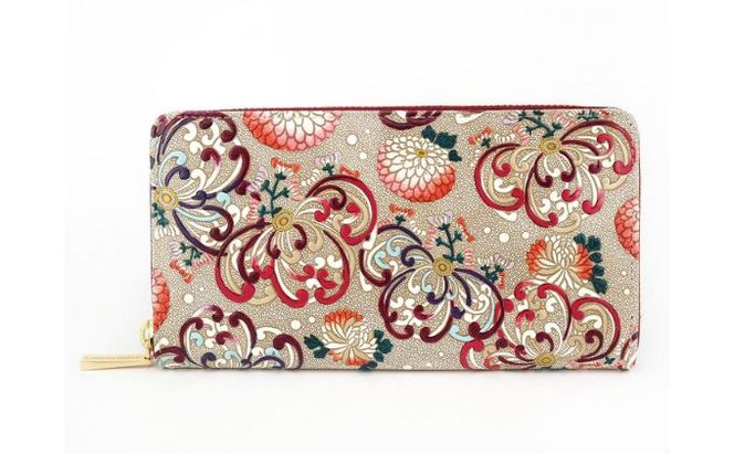 長財布 大容量 ぐるっとファスナーの長財布 乱菊〈赤紫〉 文庫屋大関 通帳が入る 財布 レディース ラウンドファスナー レザー 本革 革 文庫革 レディース財布 お財布 通帳 通帳入れ 通帳ケース 日本製 和風 東京