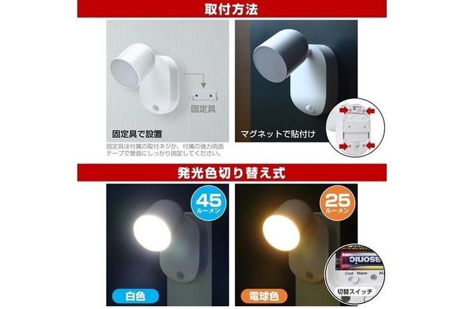 LEDセンサー付ライト　電球色・白色　マグネット　電池式　PM-L751W 272183_AZ146