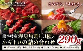 馬刺し 熊本県産 赤身 馬刺し 3種 ネギトロ 詰め合わせ 道の駅竜北《30日以内に出荷予定(土日祝除く)》 熊本県 氷川町 肉 馬肉 国産 赤身 上赤身 ロース ランプ 馬 ふじ馬刺し セット 食べ比べ---sh_fyekabnt_r7_30d_26500_290g---