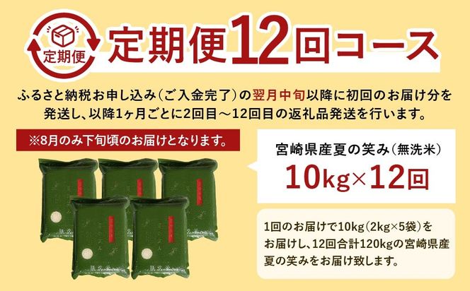 ＜【12ヶ月定期便】令和6年産 宮崎県産 夏の笑み（無洗米）2kg×5袋 計10kg（真空パック）＞お申込みの翌月中旬以降に第1回目発送（8月は下旬頃）【c1259_ku_x1】 米 夏の笑み 無洗米 精米 希少 品種 白米 お米 ご飯 宮崎県産