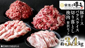 【 常陸の輝き 】 豚 ロース＆バラスライス＆切り落とし＆挽肉 贅沢 セット（合計約3.4kg） (茨城県共通返礼品) 国産 国内産 豚肉 ポーク ミンチ ひき肉 挽き肉 ハンバーグ ミートソース ミートボール 生姜焼き 焼肉 しゃぶしゃぶ 鍋 カレー 焼きそば 炒め物 贈り物 ギフト [ET05-NT]